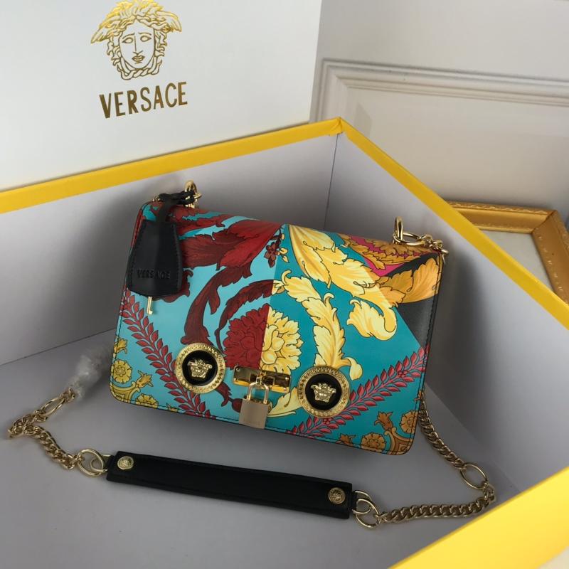 Versace Chain Handbags DBFG303 printed patchwork in blue, red, and yellow